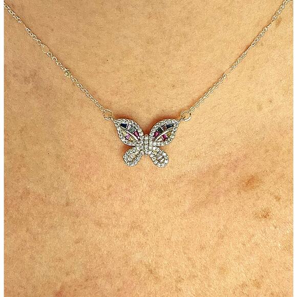 Dainty Butterfly Pendant Multi-color Rainbow CZ Adjustable Silver Chain Sparkly - Picture 7 of 9
